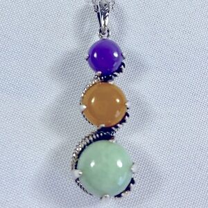 Sterling Silver Jade Pendant 3 Purple, Yellow and Green Cabochon Chakra